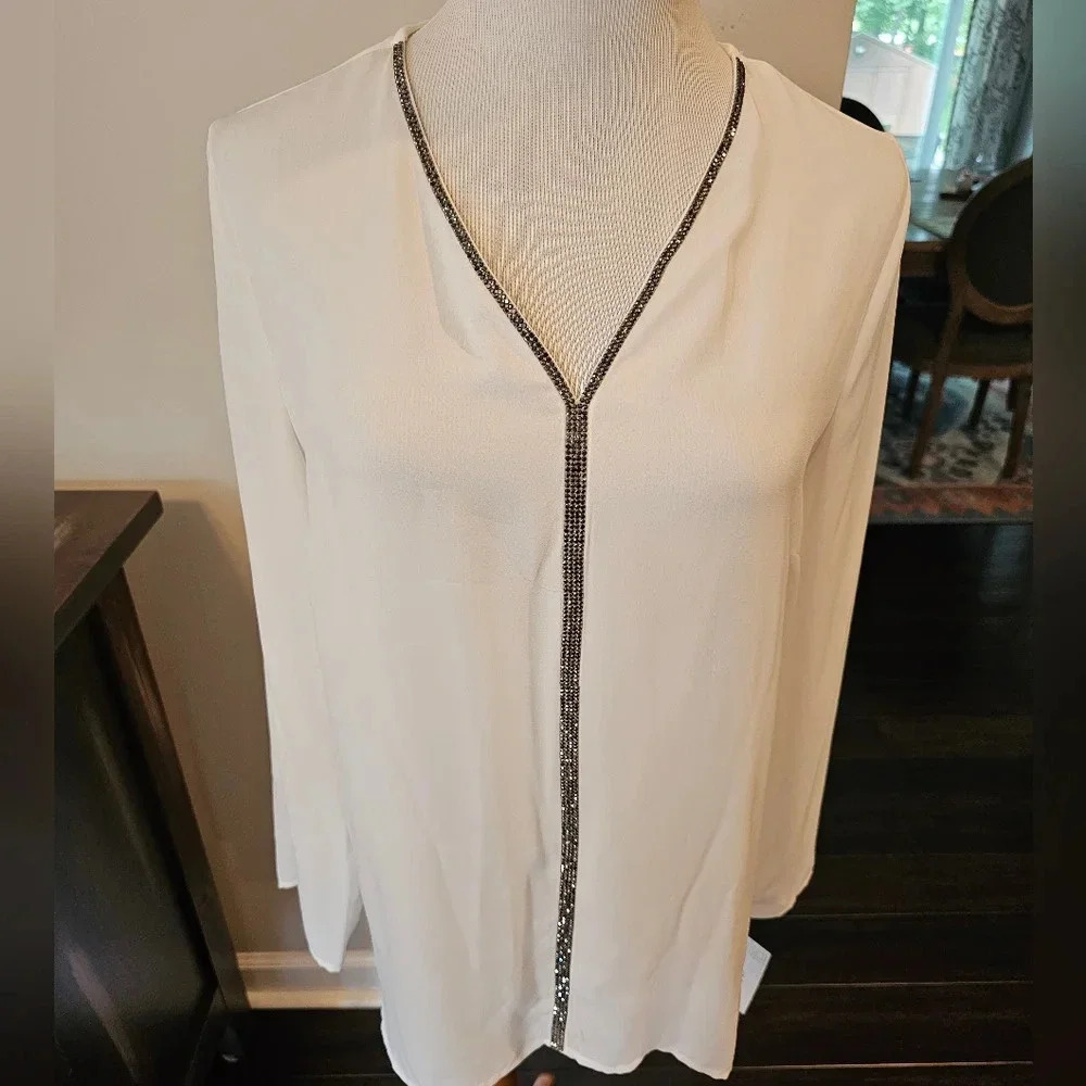 Liz Claiborne Career •Size Small• Semi Sheer White V-neck Blouse w/ Bling Accent